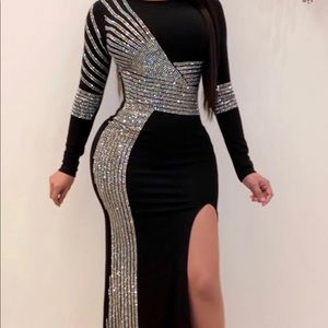 Hot Drilling Side Slit Round Neck Party Maxi Dress